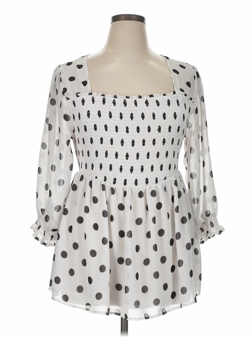 Torrid | White & Black Polka Dot Chiffon Smocked Babydoll Top Size 3/4 sleeve